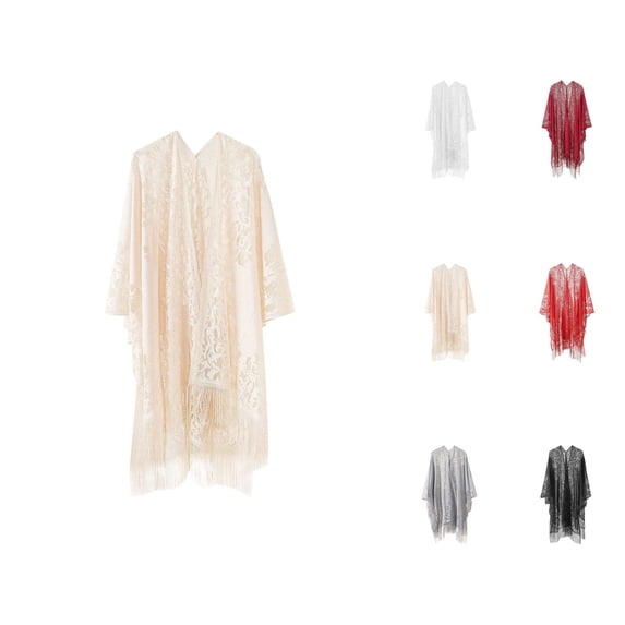 Swimsuit Coverup for Women Elegant Sheer Lace Tassel Hem Open Front Kimono Cardigans Beach Cover Up