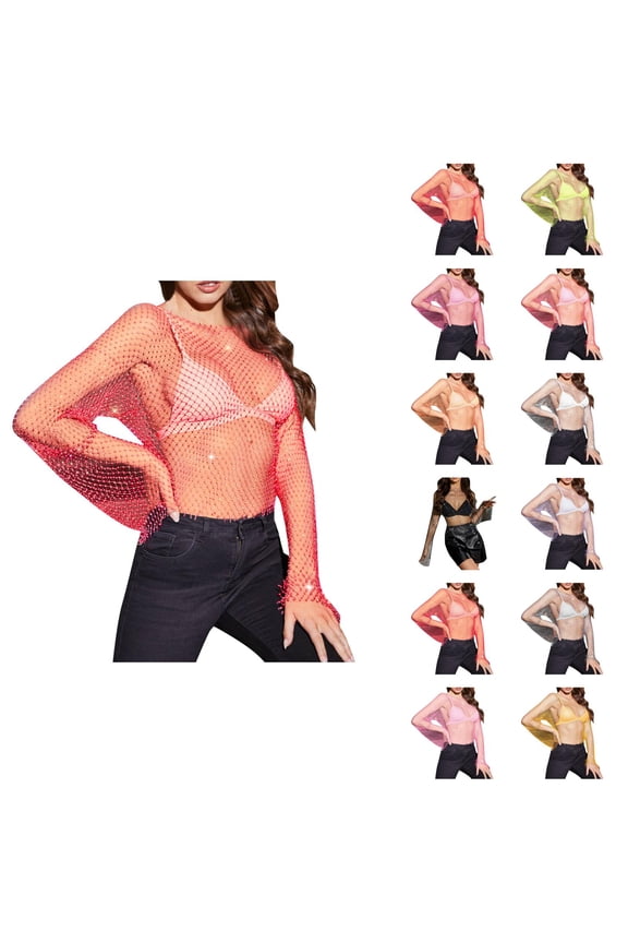 Swimsuit Coverup for Women Glitter Rhinestone Fishnet Mesh Long Sleeve Crewneck Cropped Top Beach Cover Up