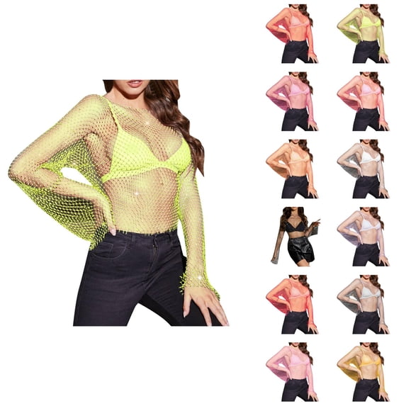 Swimsuit Coverup for Women Glitter Rhinestone Fishnet Mesh Long Sleeve Crewneck Cropped Top Beach Cover Up