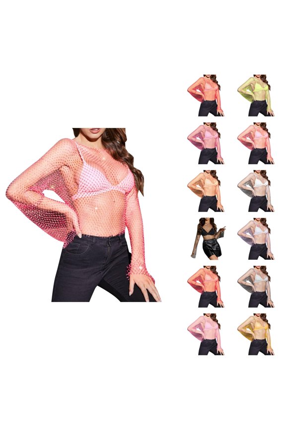 Swimsuit Coverup for Women Glitter Rhinestone Fishnet Mesh Long Sleeve Crewneck Cropped Top Beach Cover Up