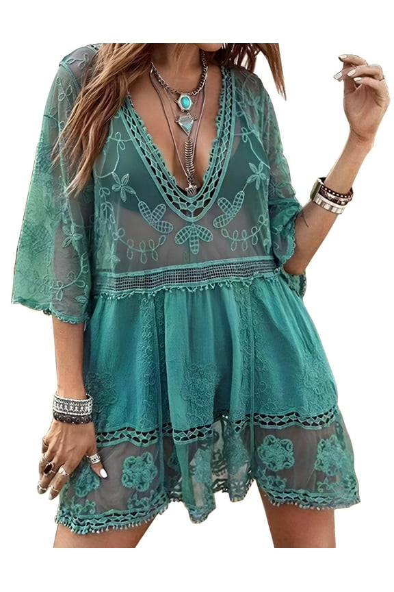 Swimsuit Coverup for Women Lace Stitching Bathing Suit Cover Ups Plus Size Beach Coverup Alsol Lamesa