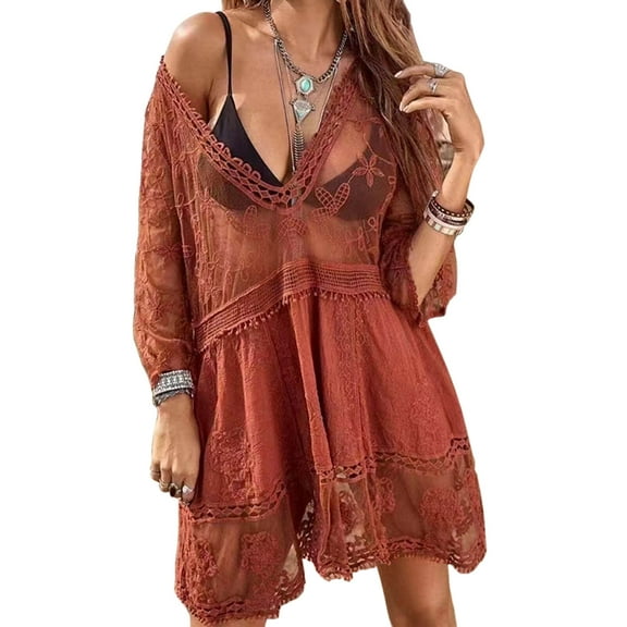 Swimsuit Coverup for Women Lace Stitching Bathing Suit Cover Ups Plus Size Beach Coverup Alsol Lamesa