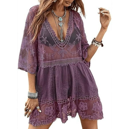 Swimsuit Coverup for Women Lace Stitching Bathing Suit Cover Ups Plus Size Beach Coverup Alsol Lamesa