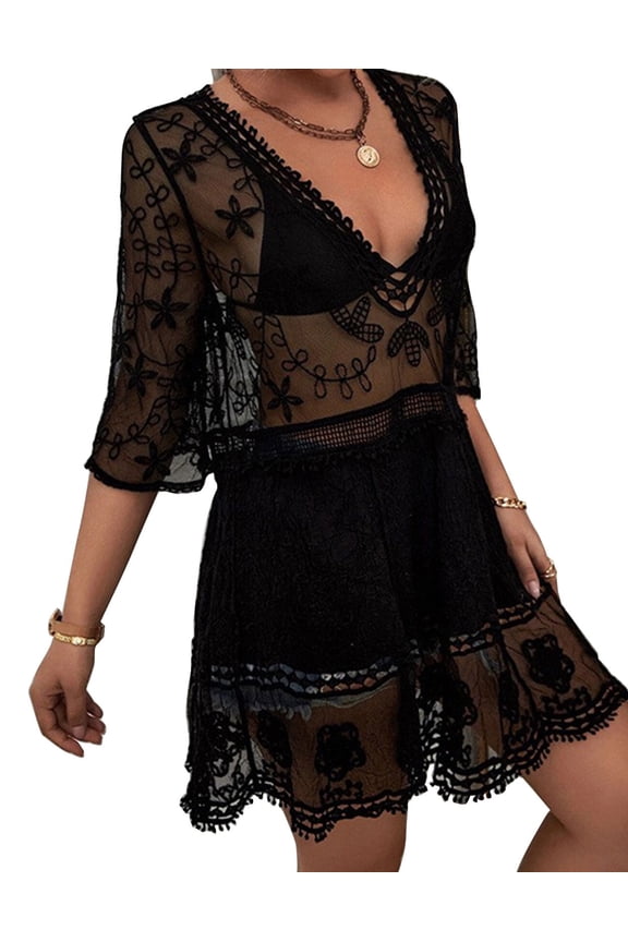 Swimsuit Coverup for Women Lace Stitching Bathing Suit Cover Ups Plus Size Beach Coverup Alsol Lamesa