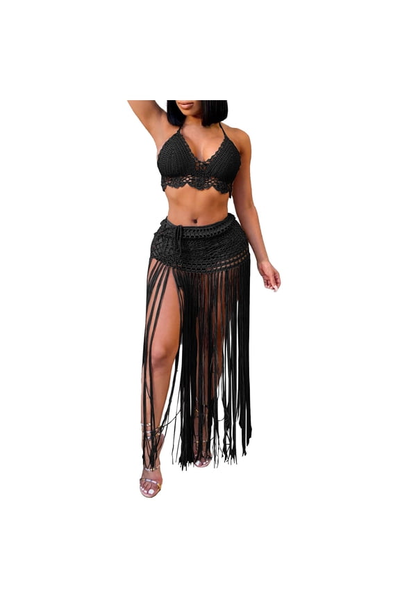 Swimsuit Coverup for Women Pure Handhook Bikini Extended Tassel Skirt Two Piece Set Summer Clothes for Women,Black,One Size