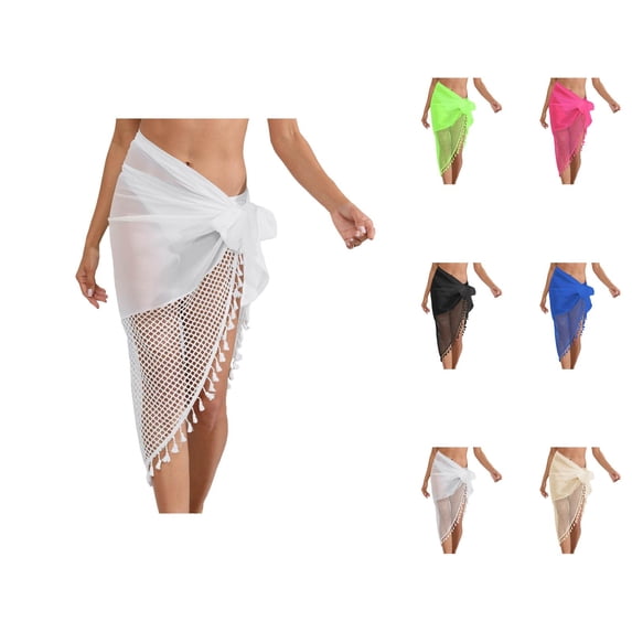 Swimsuit Coverup for Women Sarong Wraps Lightweight Chiffon Crochet Patchwork Tassel Hem Wrap Skirt Beach Cover Up