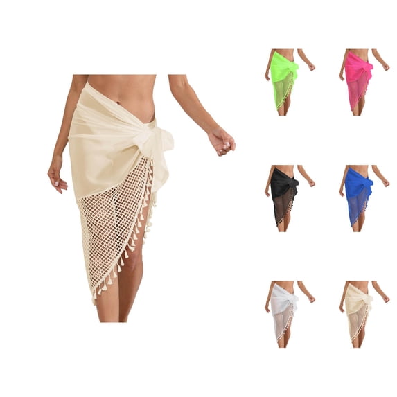 Swimsuit Coverup for Women Sarong Wraps Lightweight Chiffon Crochet Patchwork Tassel Hem Wrap Skirt Beach Cover Up