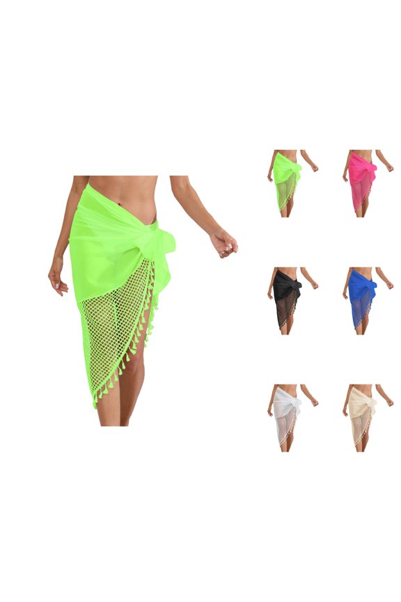 Swimsuit Coverup for Women Sarong Wraps Lightweight Chiffon Crochet Patchwork Tassel Hem Wrap Skirt Beach Cover Up