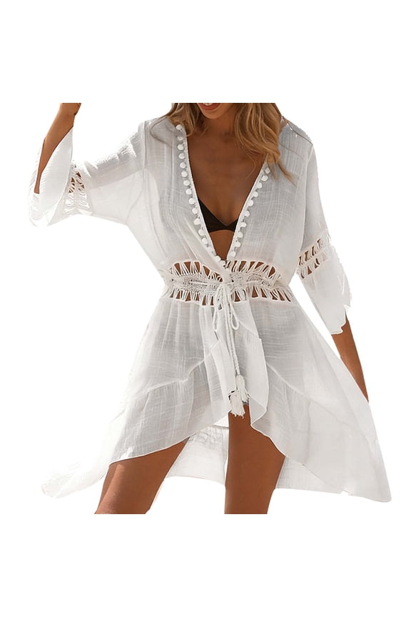 Swimsuit Coverup for Women Sexy See Through Batwing 3/4 Sleeve Ruffle Open Front Flowy Beach Vacation Dresses