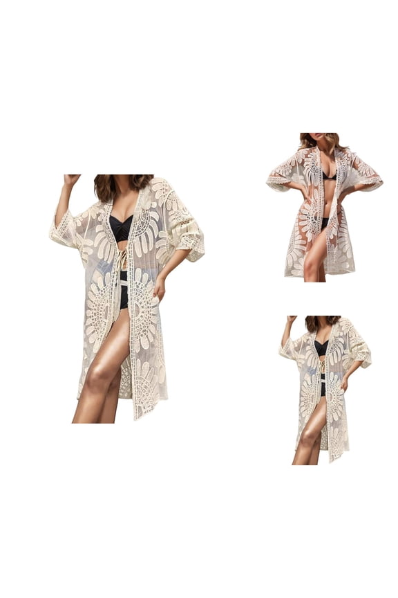 Swimsuit Coverup for Women Sheer Lace Half Sleeve Open Front Loose Flowy Long Cardigans Beach Cover Up