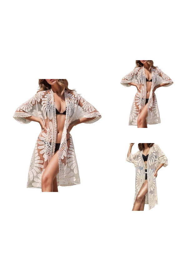 Swimsuit Coverup for Women Sheer Lace Half Sleeve Open Front Loose Flowy Long Cardigans Beach Cover Up