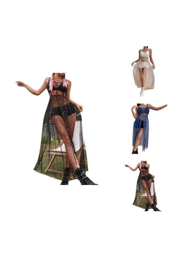 Swimsuit Coverup for Women Sheer Mesh Glitter Sequin Sleeveless Spaghetti Strap High Slit Midi Dress Beach Cover Up