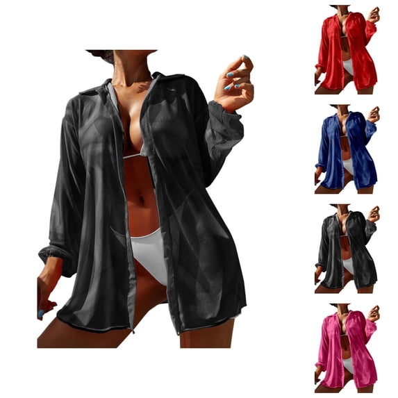 Swimsuit Coverup for Women Sheer Mesh Lightweight Long Sleeve Lapel Collar Open Front Cardigans Beach Cover Up