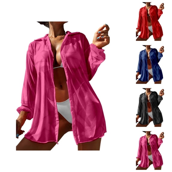 Swimsuit Coverup for Women Sheer Mesh Lightweight Long Sleeve Lapel Collar Open Front Cardigans Beach Cover Up