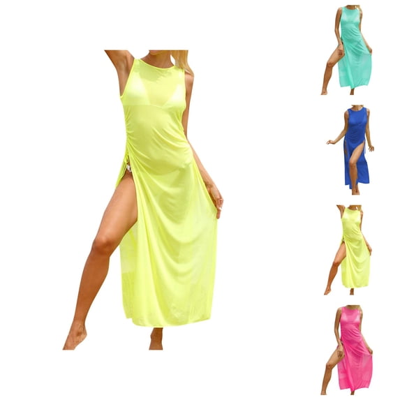 Swimsuit Coverup for Women Sheer Mesh Lightweight Sleeveless Crewneck High Slit Maxi Dress Beach Cover Up Bathing Suit Dress