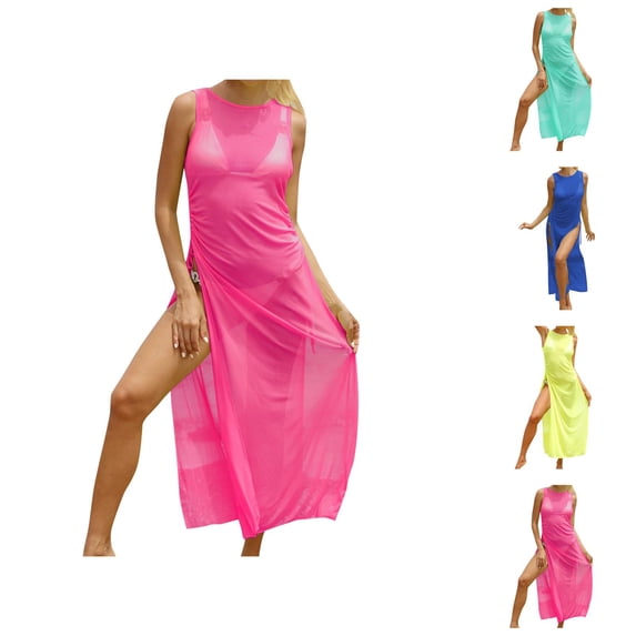Swimsuit Coverup for Women Sheer Mesh Lightweight Sleeveless Crewneck High Slit Maxi Dress Beach Cover Up Bathing Suit Dress