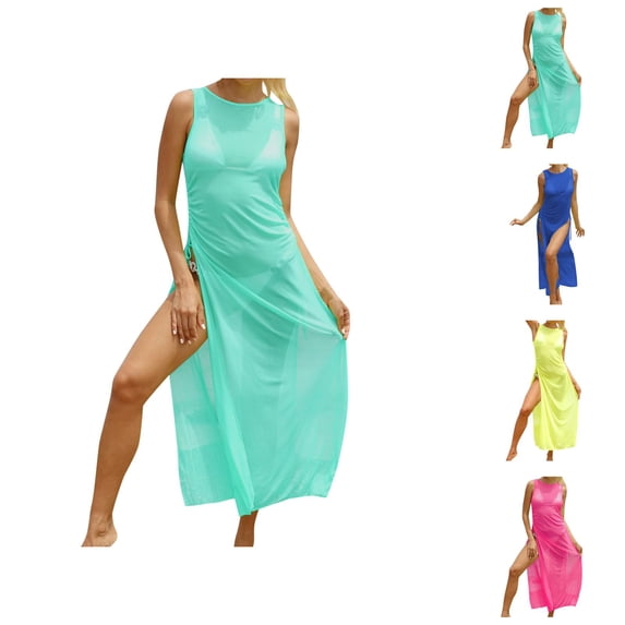 Swimsuit Coverup for Women Sheer Mesh Lightweight Sleeveless Crewneck High Slit Maxi Dress Beach Cover Up Bathing Suit Dress