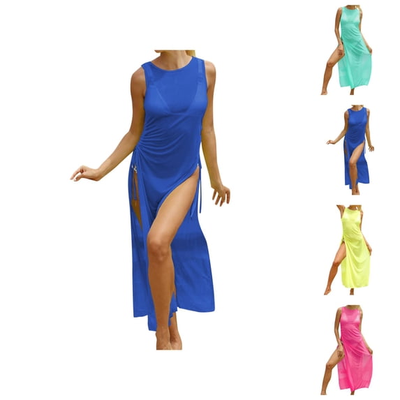Swimsuit Coverup for Women Sheer Mesh Lightweight Sleeveless Crewneck High Slit Maxi Dress Beach Cover Up Bathing Suit Dress