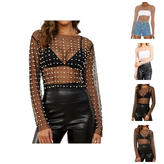 Swimsuit Coverup for Women Sheer Mesh Pearl Rhinestone Long Sleeve Crewneck Slimming Shirt Beach Cover Up