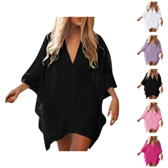 Swimsuit Coverup for Women Short Batwing Sleeve V Neck Lace Trim Loose Mini Dress Beach Cover Up Bathing Suit Dress