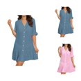 thumbnail image 1 of Swimsuit Coverup for Women Short Sleeve V Neck Button Down Ruffle Hem Cardigan Mini Dress Beach Cover Up, 1 of 4
