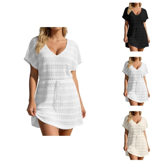 Swimsuit Coverup for Women Short Sleeve V Neck Lace Eyelet A Line Mini Dress Beach Cover Up Bathing Suit Dress