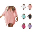 thumbnail image 1 of Swimsuit Coverup for Women Short Sleeve V Neck Lace Trim Loose Mini Dress Beach Cover Up Bathing Suit Dress, 1 of 3