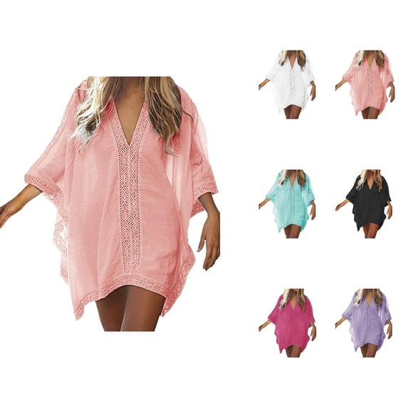 Swimsuit Coverup for Women Short Sleeve V Neck Lace Trim Loose Mini Dress Beach Cover Up Bathing Suit Dress