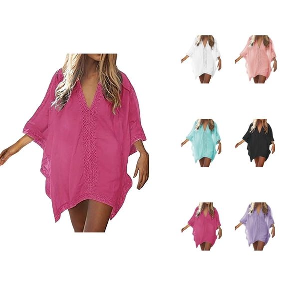 Swimsuit Coverup for Women Short Sleeve V Neck Lace Trim Loose Mini Dress Beach Cover Up Bathing Suit Dress