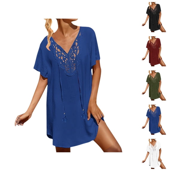 Swimsuit Coverup for Women Short Sleeve V Neck Loose Crochet Mini Dress Beach Cover Up Bathing Suit Dress