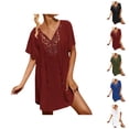 thumbnail image 1 of Swimsuit Coverup for Women Short Sleeve V Neck Loose Crochet Mini Dress Beach Cover Up Bathing Suit Dress, 1 of 7
