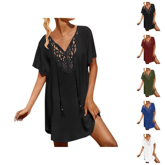 Swimsuit Coverup for Women Short Sleeve V Neck Loose Crochet Mini Dress Beach Cover Up Bathing Suit Dress