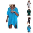 thumbnail image 1 of Swimsuit Coverup for Women Short Sleeve V Neck Side Slit Crochet Knit Loose Mini Dress Beach Cover Up, 1 of 4