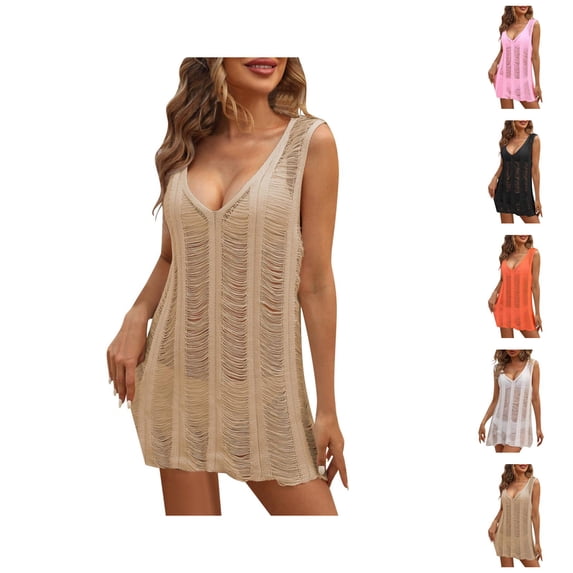 Swimsuit Coverup for Women Sleeveless Deep V Neck Crochet Mini Tank Dress Beach Cover Up Bathing Suit Dress