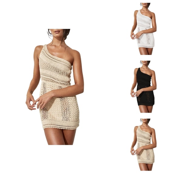 Swimsuit Coverup for Women Sleeveless One Shoulder Crochet Knit Bodycon Mini Dress Beach Cover Up Bathing Suit Dress