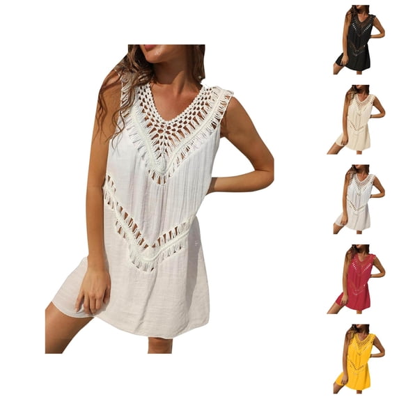 Swimsuit Coverup for Women Sleeveless V Neck Crochet Lightweight Mini Dress Beach Cover Up