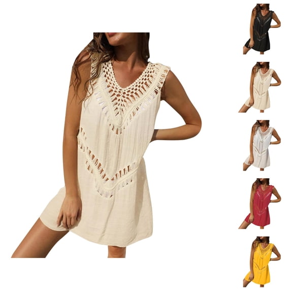 Swimsuit Coverup for Women Sleeveless V Neck Crochet Lightweight Mini Dress Beach Cover Up