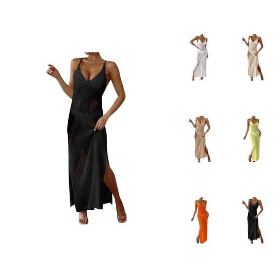 Swimsuit Coverup for Women Sleeveless V Neck Slim Fit Side Slit Crochet Knit Maxi Dress Beach Cover Up Bathing Suit Dress