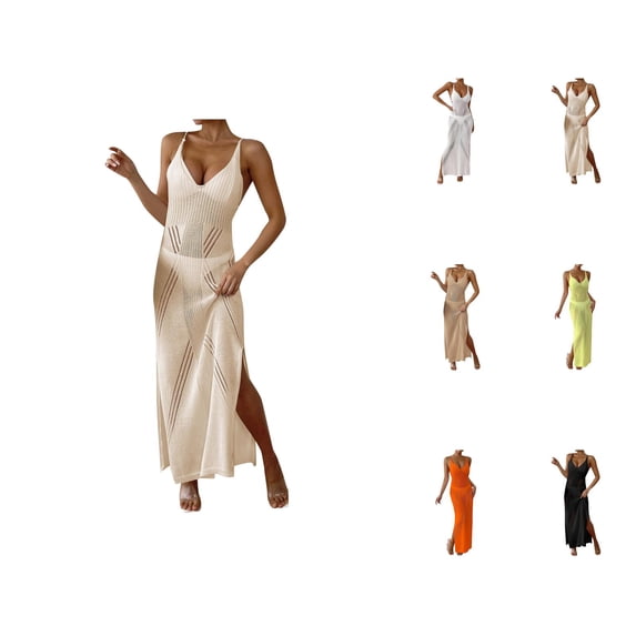 Swimsuit Coverup for Women Sleeveless V Neck Slim Fit Side Slit Crochet Knit Maxi Dress Beach Cover Up Bathing Suit Dress