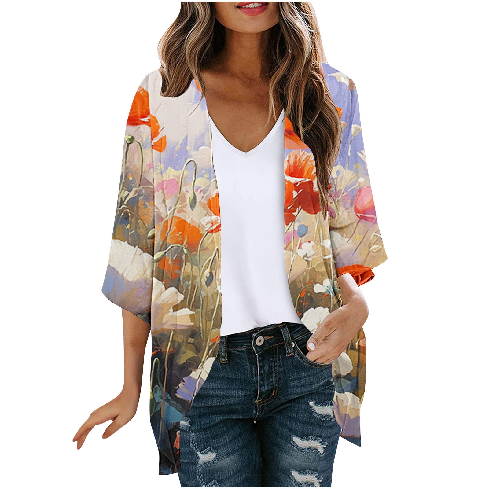 Swimsuit Coverup for Women Summer Boho Floral Print Cardigans Flowy