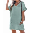 thumbnail image 1 of Swimsuit Coverup for Women Waffle Knit V Neck Short Sleeve Beach Coverup Dress with Pockets Bean Green XXL, 1 of 8