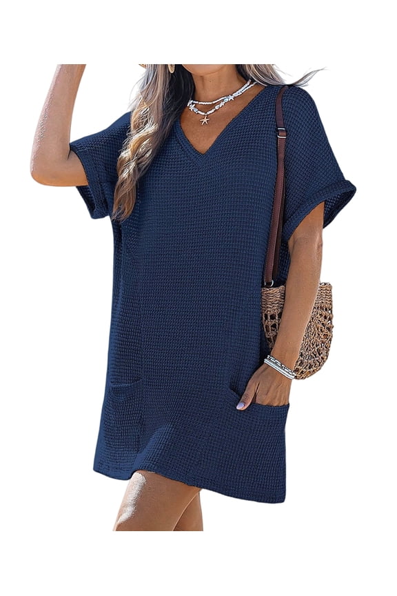 Swimsuit Coverup for Women Waffle Knit V Neck Short Sleeve Beach Coverup Dress with Pockets Dark Blue XL