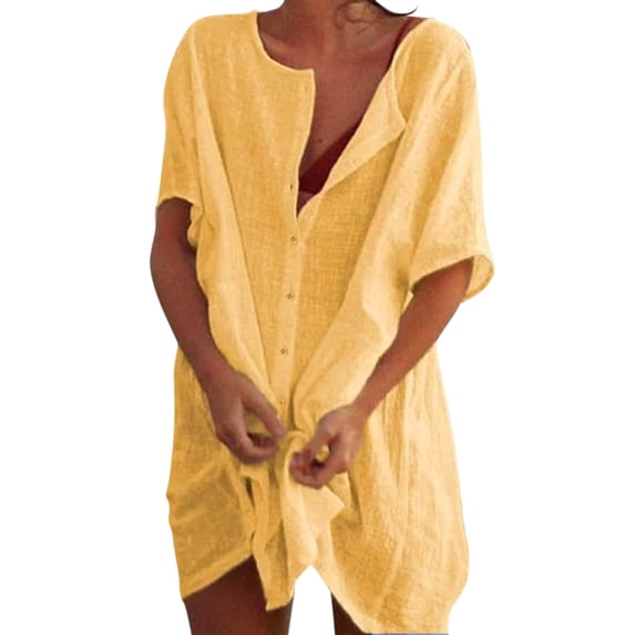 Swimsuit Coverups Shirts for Women Bathing Suit Cover-Ups Button Down Shirt Beach Dress Vacation Tunic Tops Yellow M