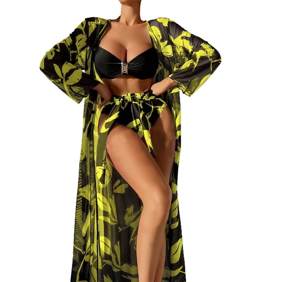 Swimsuit Coverups for Women 2024 2024 3 Piece Bikini Set Cover Up Swimsuit High Waist Bikinis for Women Long Sleeve Push Up Swimwear Beach Wear Bathing Suit Female Womens Swimwear Cover-ups
