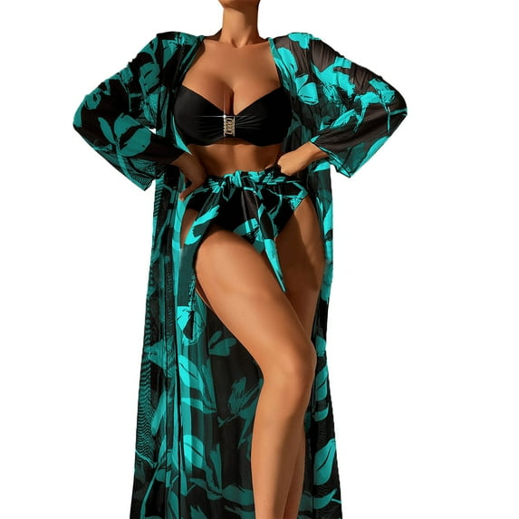 Swimsuit Coverups for Women 2024 2024 3 Piece Bikini Set Cover Up Swimsuit High Waist Bikinis for Women Long Sleeve Push Up Swimwear Beach Wear Bathing Suit Female Womens Swimwear Cover-ups