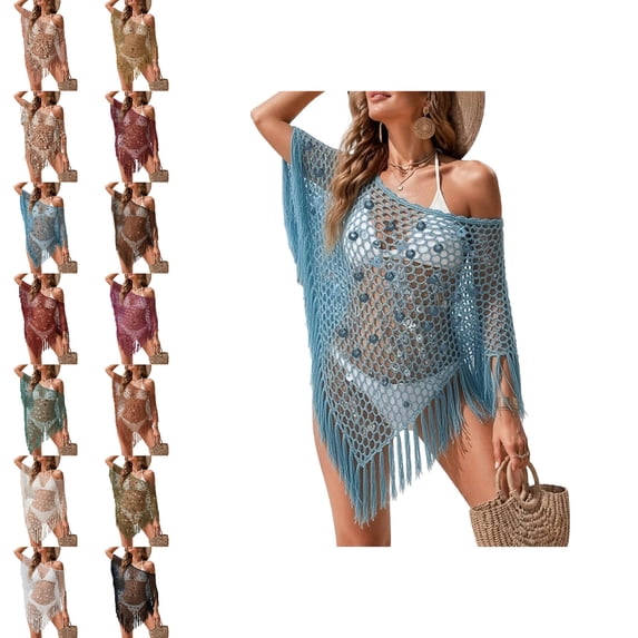 Swimsuit Coverups for Women Hollow Out Knit Crochet Poncho Tops Boho Outfits for Women S