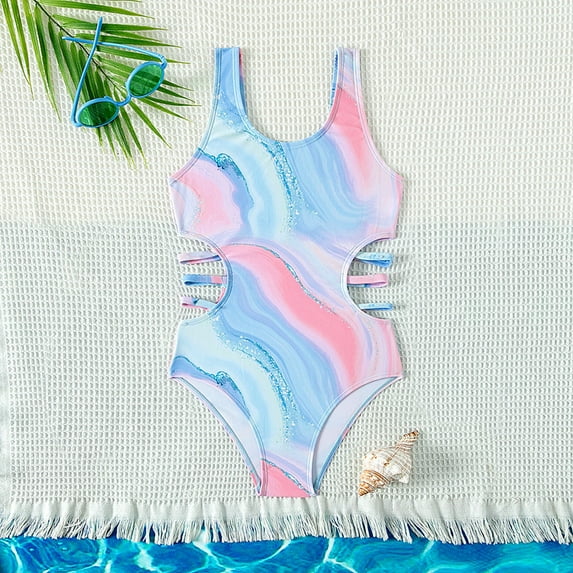 Swimsuit For Girls 1 Piece Swimsuits Sport Swimwear Cut Out Summer Tie Dye Kids Pool Beach Sport Bathing Blue,13-14 Years