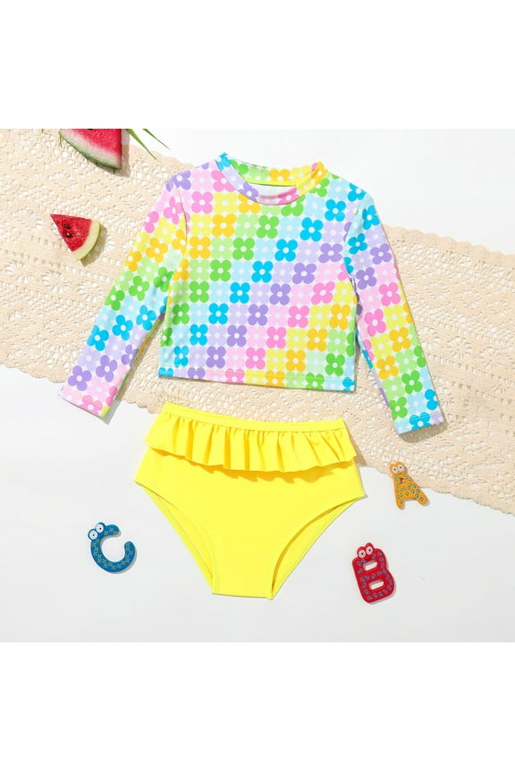 Swimsuit For Girls Cute Baby/Toddler Girls Long Sleeve Rash Guard Upf50+ Sun Bikini Swimsuit Yellow 12M/(9-12 Months)