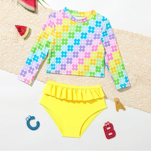Swimsuit For Girls Cute Baby/Toddler Girls Long Sleeve Rash Guard Upf50  Sun Bikini Swimsuit Yellow 24M/(18-24 Months)