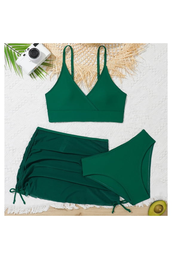Swimsuit For Girls Cute Girls' 3 Piece Plain Swimsuit Wrap Bikini With Ruched Cover Up Skirt Set Dark Green 14Y/(13-14 Years)